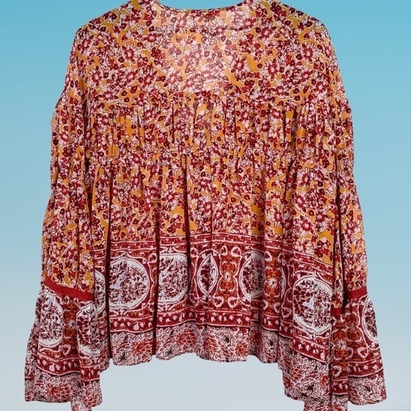 FREE PEOPLE Lorraine RETRO Print Tie-Front Wide Sleeve Flowy Tiered Kimono-Md - Picture 11 of 13